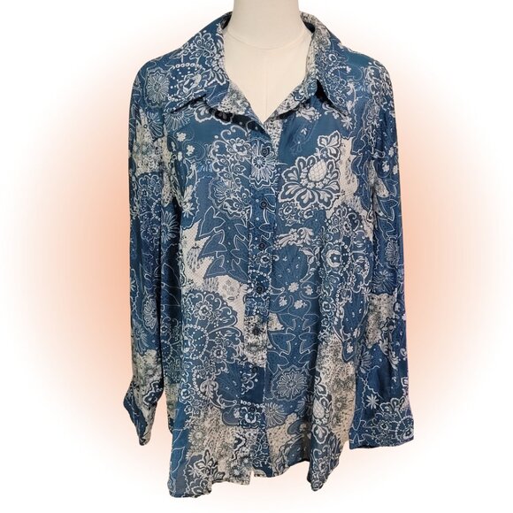 FLOWY PAISLEY MANDALA WOMEN'S COTTON/SILK BLEND BLOUSE TOP EUC 2X XXL - Picture 1 of 9
